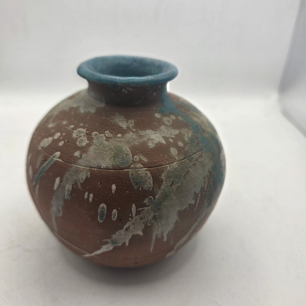 Vintage Signed Studio Pottery Vase Blue Turquoise Drip Glaze Hand Thrown Art Pot